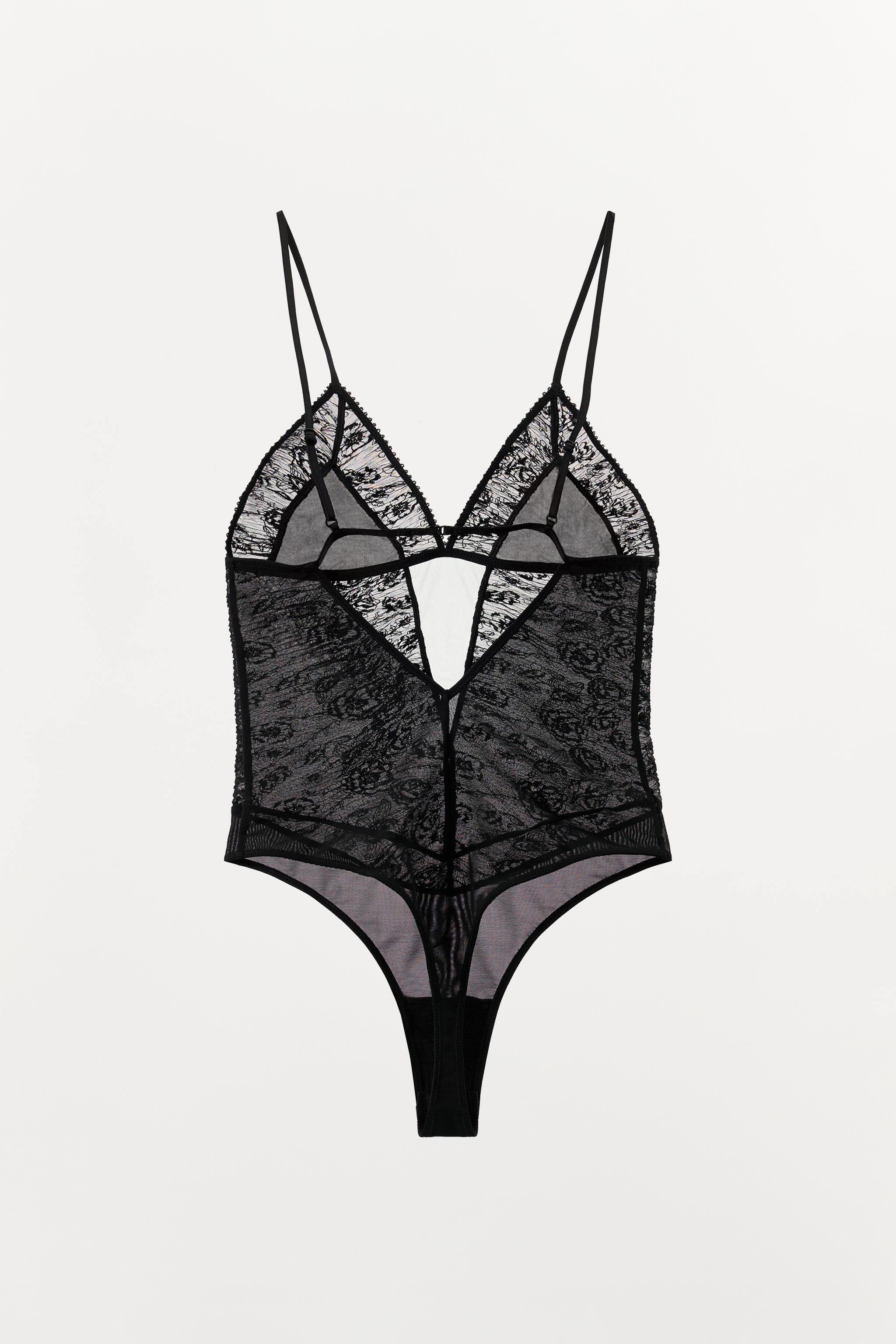 PLEATED LACE BODYSUIT WITH FLORAL EMBROIDERY